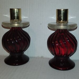 Avon Red Swirl Glass Candle Holders with Gold Tops